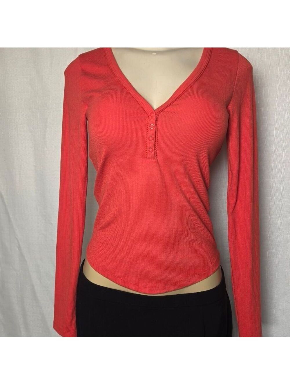 American Eagle Coral Red Ribbed Henley Long Sleeve Top V Neck Y2K Size S